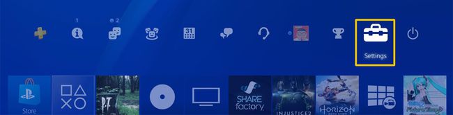 A barra de interface do usuário do PS4 com as configurações destacadas.