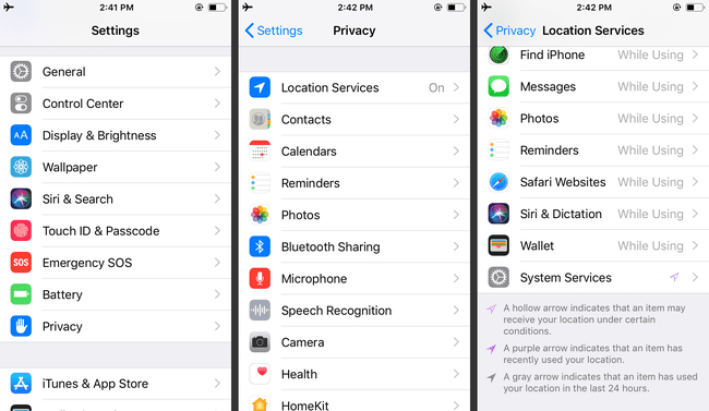 Telas de configurações, privacidade e serviços de localização no iPhone