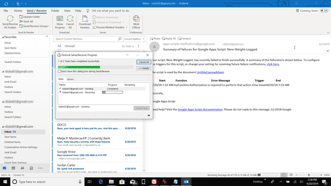 Captura de tela do envio do Outlook para receber o progresso da conta
