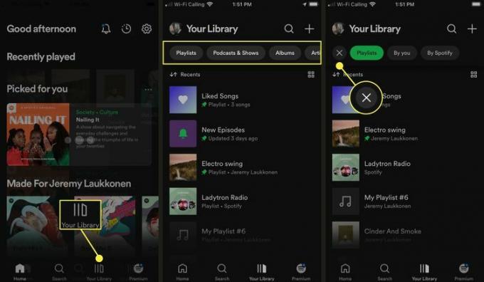 Votre bibliothèque, le champ de filtre et le bouton de fermeture mis en surbrillance dans l'application Spotify.