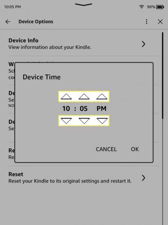 Стрілки вгору та вниз, виділені в налаштуваннях часу Kindle
