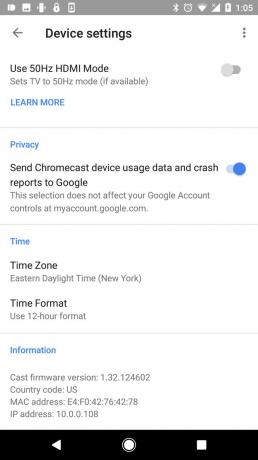 Google होम सेटिंग्स में प्रदर्शित क्रोमकास्ट मैक पता