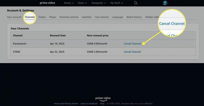 Prime Video サイトの「アカウントと設定」ページの「チャンネル」タブで強調表示されている「チャンネルをキャンセル」ボタン。