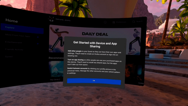 A notificação de compartilhamento de dispositivo e aplicativo no Oculus Quest 2.