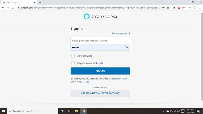 Ecranul de conectare al site-ului Aalexa.amazon.com