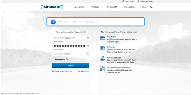 Strona logowania do kont SiriusXM.