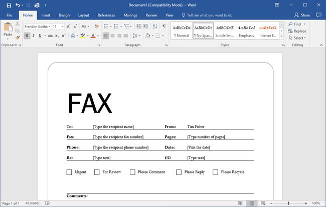 Microsoft Word의 팩스 템플릿