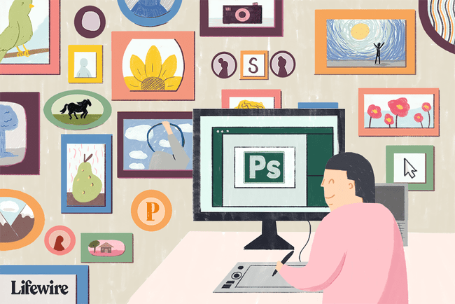 Illustration einer Person, die Photoshop auf ihrem Computer verwendet, gegen eine Wand voller gerahmter Fotos