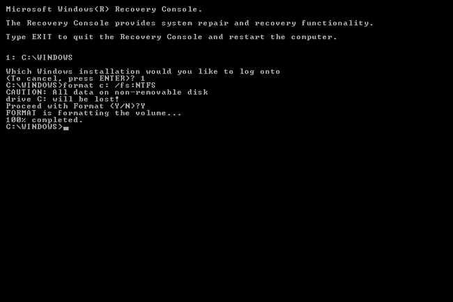 format v konzole pro zotavení systému Windows XP