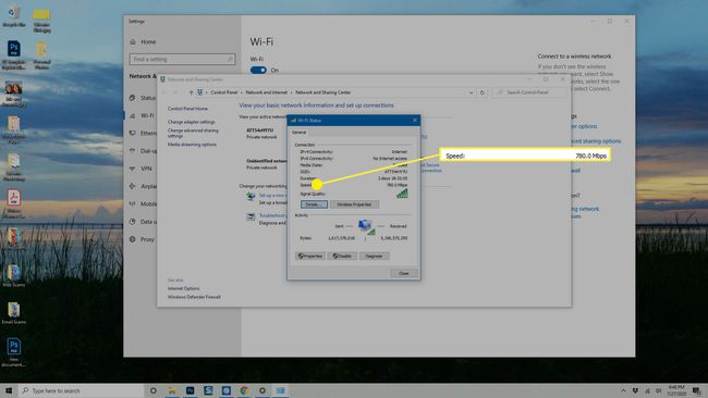 La información de velocidad en el cuadro de diálogo Estado de Wi-Fi en Windows.