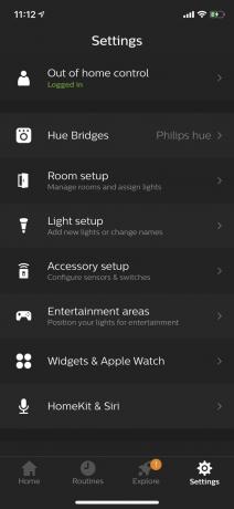 Obrázek nabídky nastavení aplikace Philips Hue.