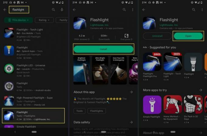 Pașii evidențiați pentru a alege, instala și deschide o aplicație de lanternă din Google Play pe Android.