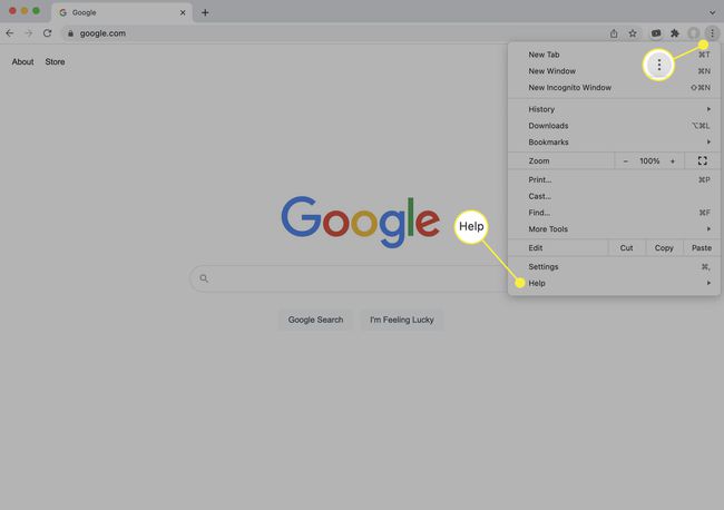Дугме менија и ставка менија Помоћ истакнути у Гоогле Цхроме-у на Мац-у.