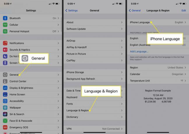 Geral, idioma e região e idioma do iPhone nas configurações do iOS