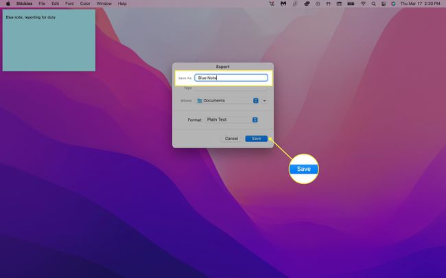 حفظ ملاحظة تم تصديرها في Mac Stickies.