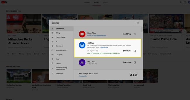4KPlusプランが強調表示されたYouTubeTVメンバーシップ設定