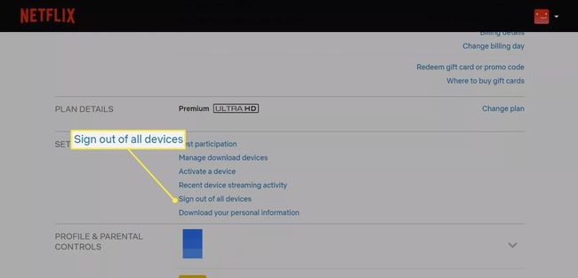 Netflixアカウント設定で強調表示されているすべてのデバイスからサインアウトします。