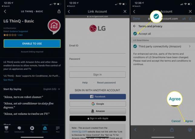 Tlačítko Enable to Use pro dovednost LG ThinQ spolu s tlačítkem Agree v aplikaci Alexa