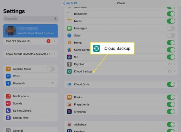 iPadのiCloud設定のiCloudバックアップオプション