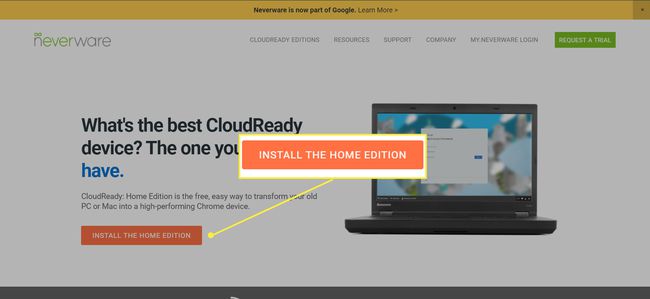 Die Neverware-Website mit der hervorgehobenen Schaltfläche " Install the Home Edition"