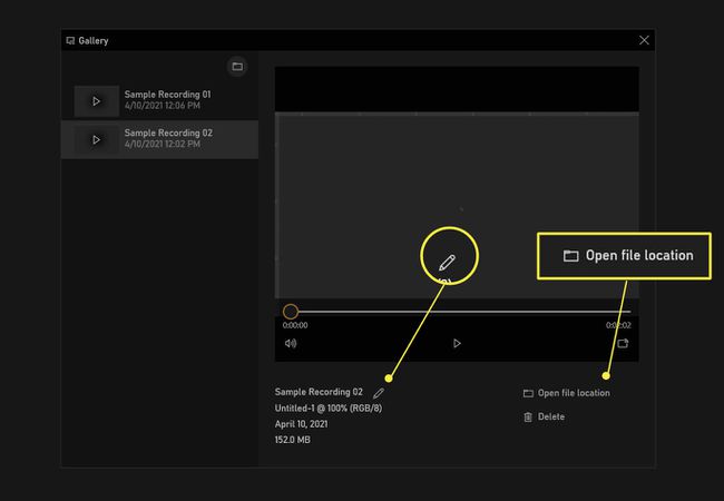 샘플 비디오가 있는 Xbox Game Bar 갤러리, 연필 아이콘이 강조 표시되고 " 파일 위치 열기" 가 강조 표시됨