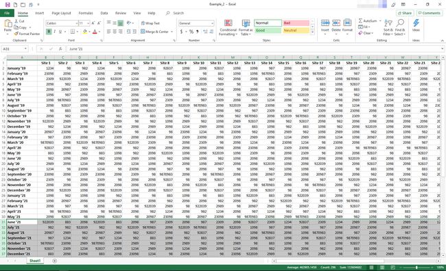 Excel, kus on valitud rida 31 ja alla selle