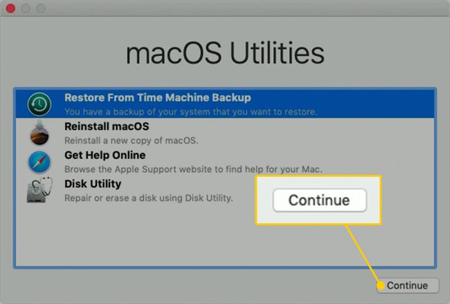 macOS Utilities -näyttö, jossa Jatka-painike on korostettuna