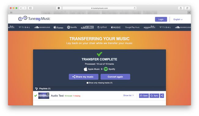 TuneMyMusic عند اكتمال نقل الموسيقى