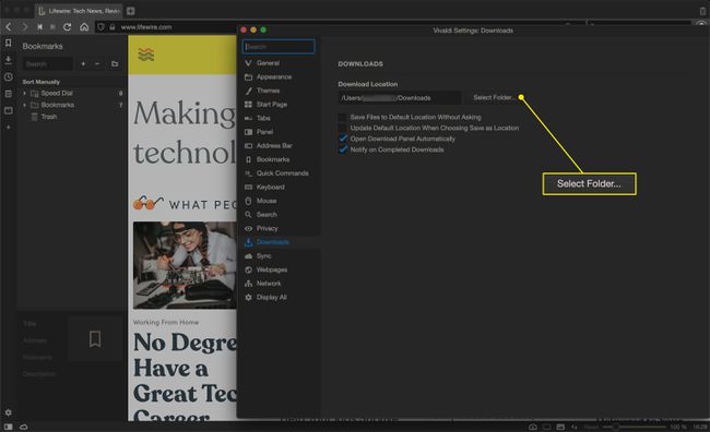 El botón Seleccionar carpeta en la configuración de descarga de Vivaldi