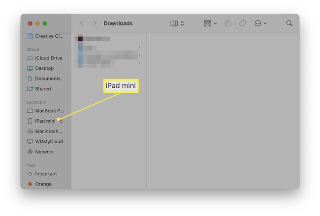 MacOS Finder مع تمييز اسم جهاز iPad Mini.