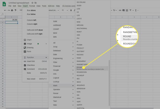 Google'i arvutustabelite ekraanipilt, mille menüüs on esile tõstetud funktsioon ROUND