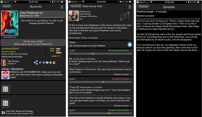 Drei RunPee-App-Bildschirme. Ein Hauptfilm-Infobildschirm für Blade Runner 2049, einer mit Details der App, einer mit der Synopsis