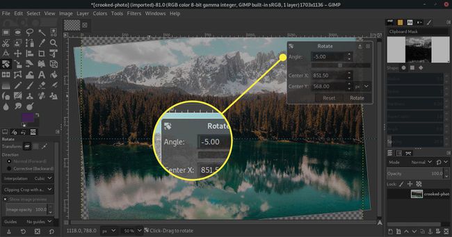 Açı kutusu vurgulanmış olarak GIMP'deki Döndür penceresinin ekran görüntüsü