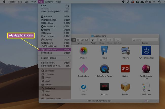 قائمة التطبيقات الفرعية في قائمة Go ، تعرض أيضًا نافذة Applications Finder