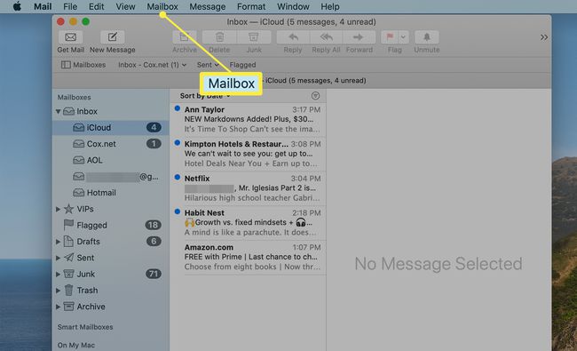 A guia Caixa de correio na barra de menu do Mac Mail