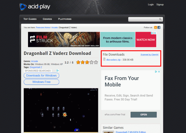 Zrzut ekranu pokazujący, gdzie znaleźć pliki do pobrania na stronie gry Acid Play.