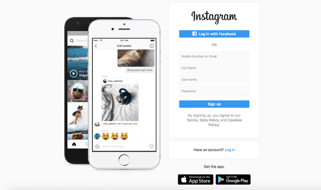 „Instagram“ registracijos ir prisijungimo puslapio darbalaukyje ekrano kopija.