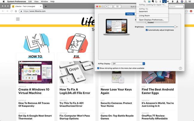 Captura de tela do AirPlay na barra de menu do Mac