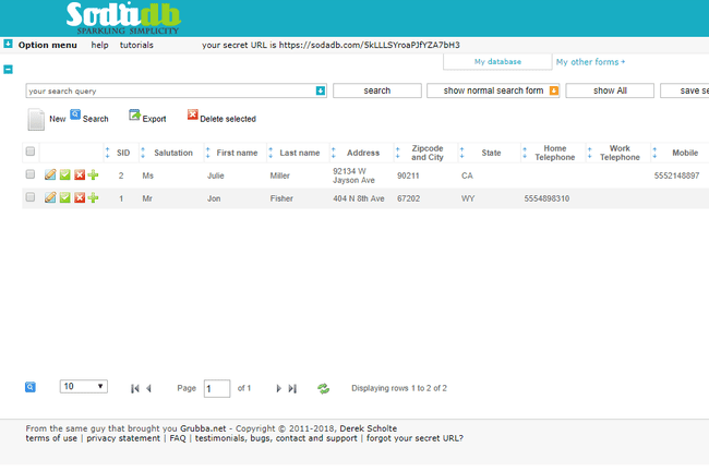 Screenshot des kostenlosen Online-Datenbankerstellers von Sodadb