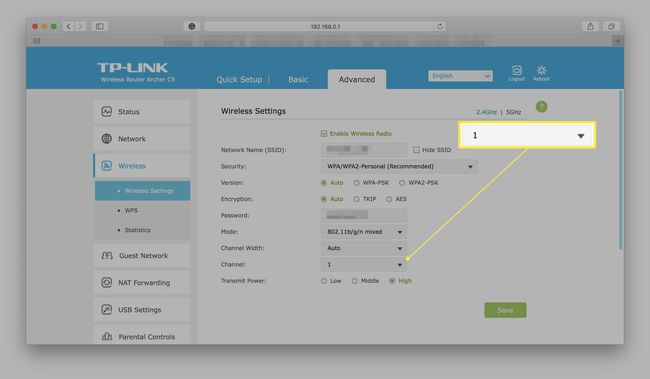 Una página de administración del enrutador con la configuración del canal resaltada