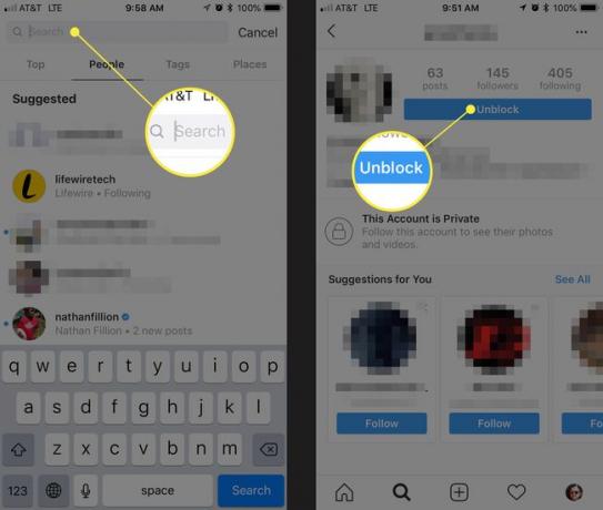 Søk og fjern blokkering av grensesnitt i Instagram for iOS.