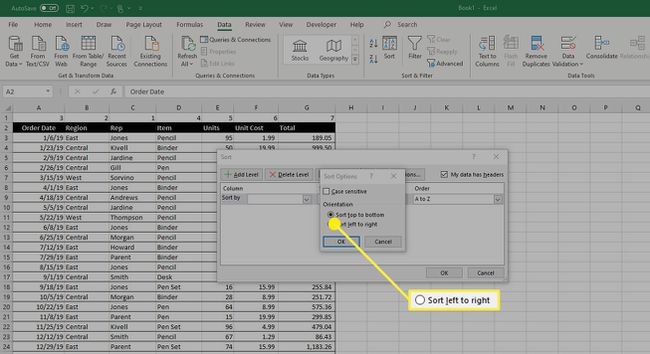 Die Option Von links nach rechts sortieren in Microsoft Excel.