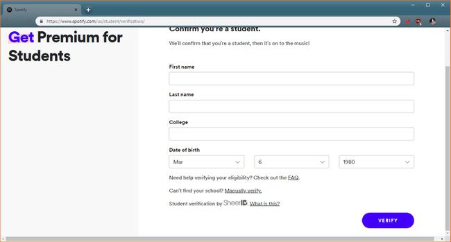 En skärmdump av bekräftelsesidan för Spotify-studenter.