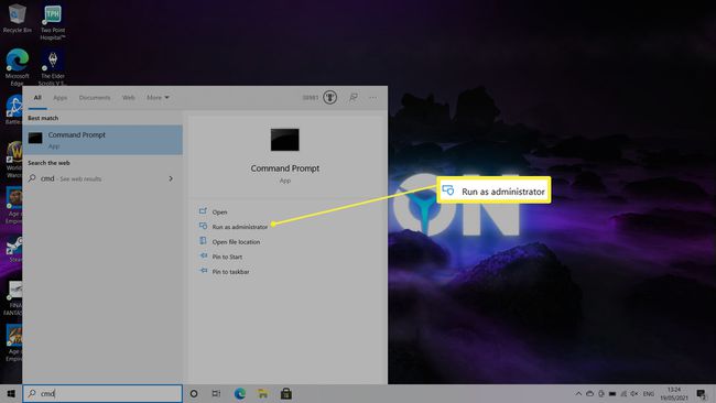 Yönetici Olarak Çalıştır'ın vurgulandığı Windows 10 masaüstü