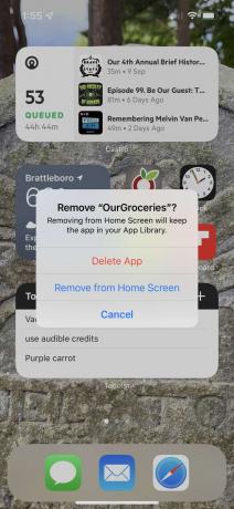 Skärmdump av ett popup-fönster för borttagning av en iPhone-app