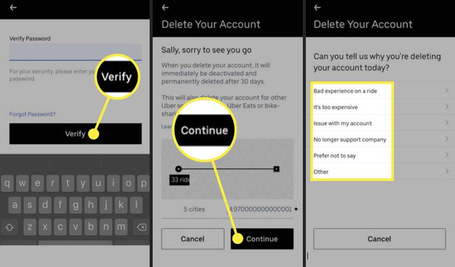 Скриншоты приложения Uber с выделенными параметрами «Удалить учетную запись»
