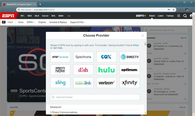 O captură de ecran a meniului de selecție a furnizorului de pe WatchESPN.