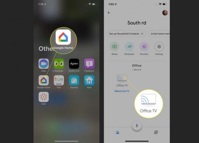 Sākuma ekrānā izcelta lietotne Google mājas lapa un lietotnē Google Home izcelta Office TV