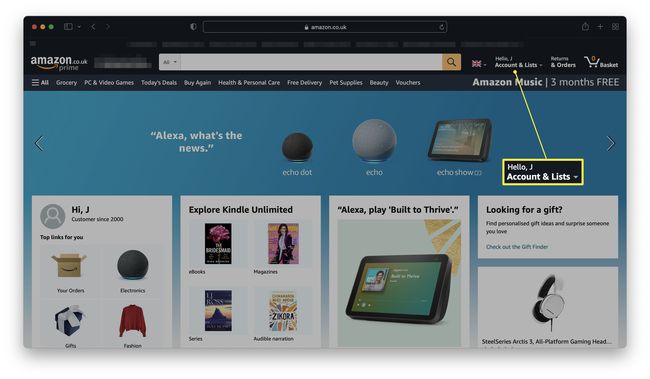 アカウントとリストが強調表示されたAmazonのウェブサイト