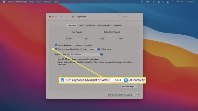გამორთეთ კლავიატურის განათება Mac-ის კლავიატურის პარამეტრებში ხაზგასმული 5 წამის შემდეგ.